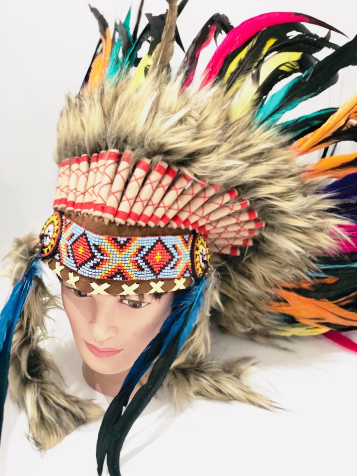 Indian Headdress Native American Feather Head Dress Large Rainbow Headdress - Image 2 of 4
