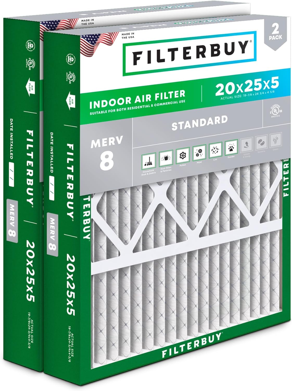 20X25X5 MERV 8 Pleated Air Filter 2-Pack for HVAC AC Furnace