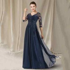 Navy Mother of The Bride Dresses 3/4 Sleeve Applique Chiffon Wedding Guest Gowns