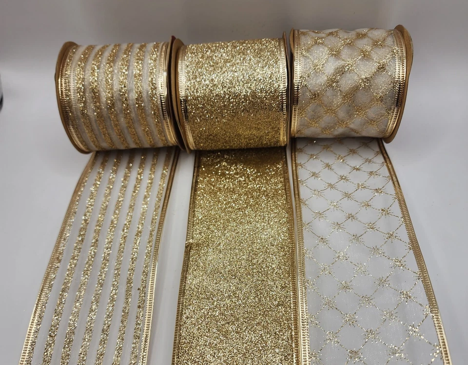 Рождественский праздник проводной органзы ленты светло-золотой -2-1/2 дюйма 6 рулонов 6 ярдов - Изображение 3 из 4