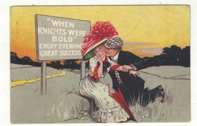 Comic Postkarte ''Als Ritter mutig waren'' Paar küsste Romantik