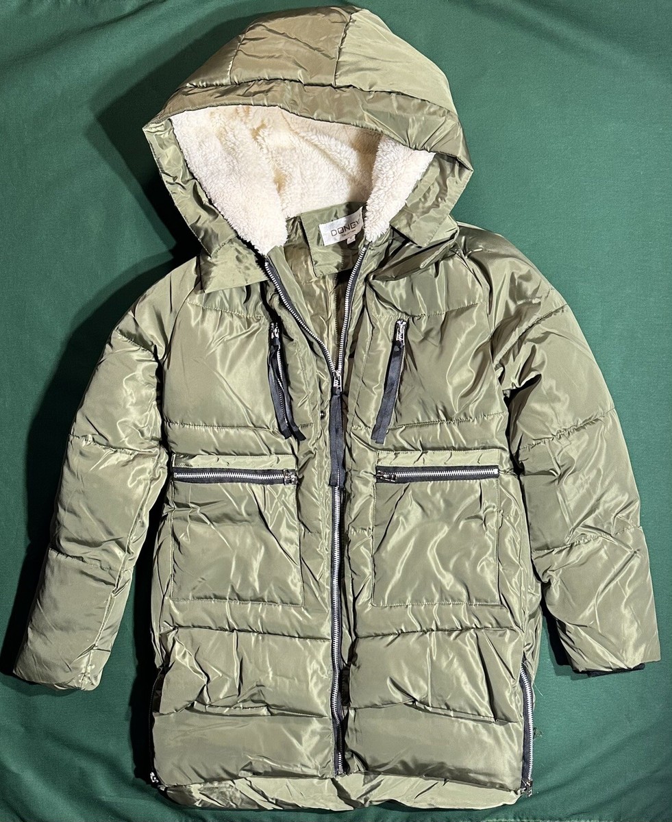 Dongxi Green & Cream Puffer Coat w/ Sherpa Lined Hood Women's Size