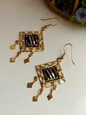 --£3 SALE----   Gold & Black Diamond Design Drop Earrings 