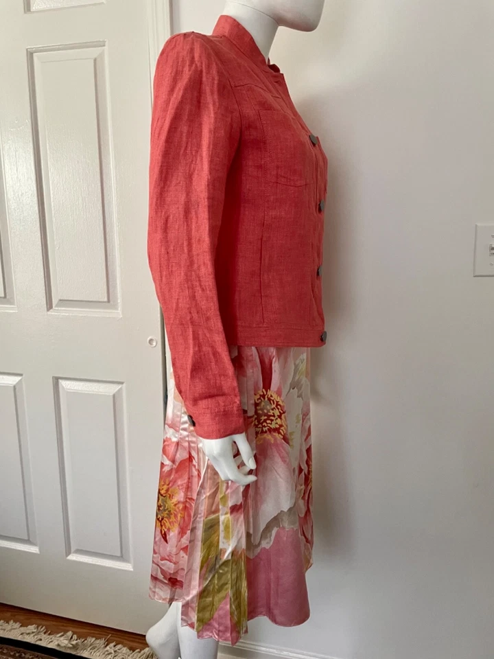 Chaqueta de lino estilo jean naranja Ellen Tracy talla 4 y falda de seda floral crema talla 6 Foto 4 de 4