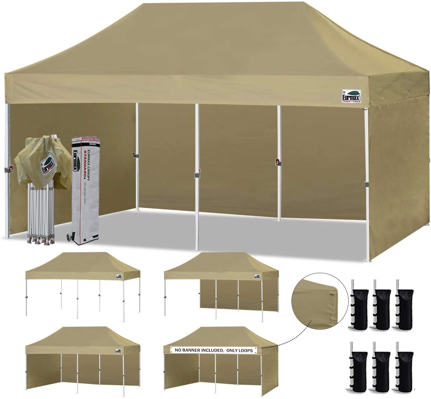 Eurmax 10x20 Pop-up Canopy with 4 Removable Zipper End Side Walls+Roller Bag