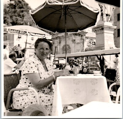 1950s Woman at Outdoor Cafe Ice Cream Table Umbrella City Scene Vintage Photo
