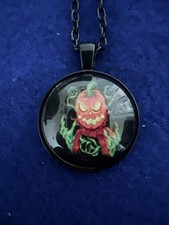 Jackolantern Pumpkin Round Black Metal Pendant Necklace Jewelry Halloween