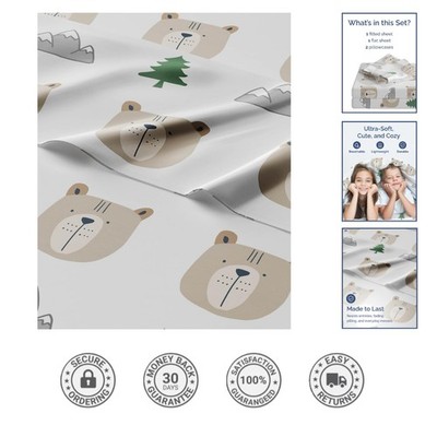 Enchanting Kids Queen Size Bedding Set - 4Pc Bear Forest Theme Sheets