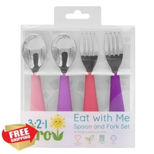 321 Grow Toddler Spoon Fork Set, Stainless Silverware Easy Grip Grape