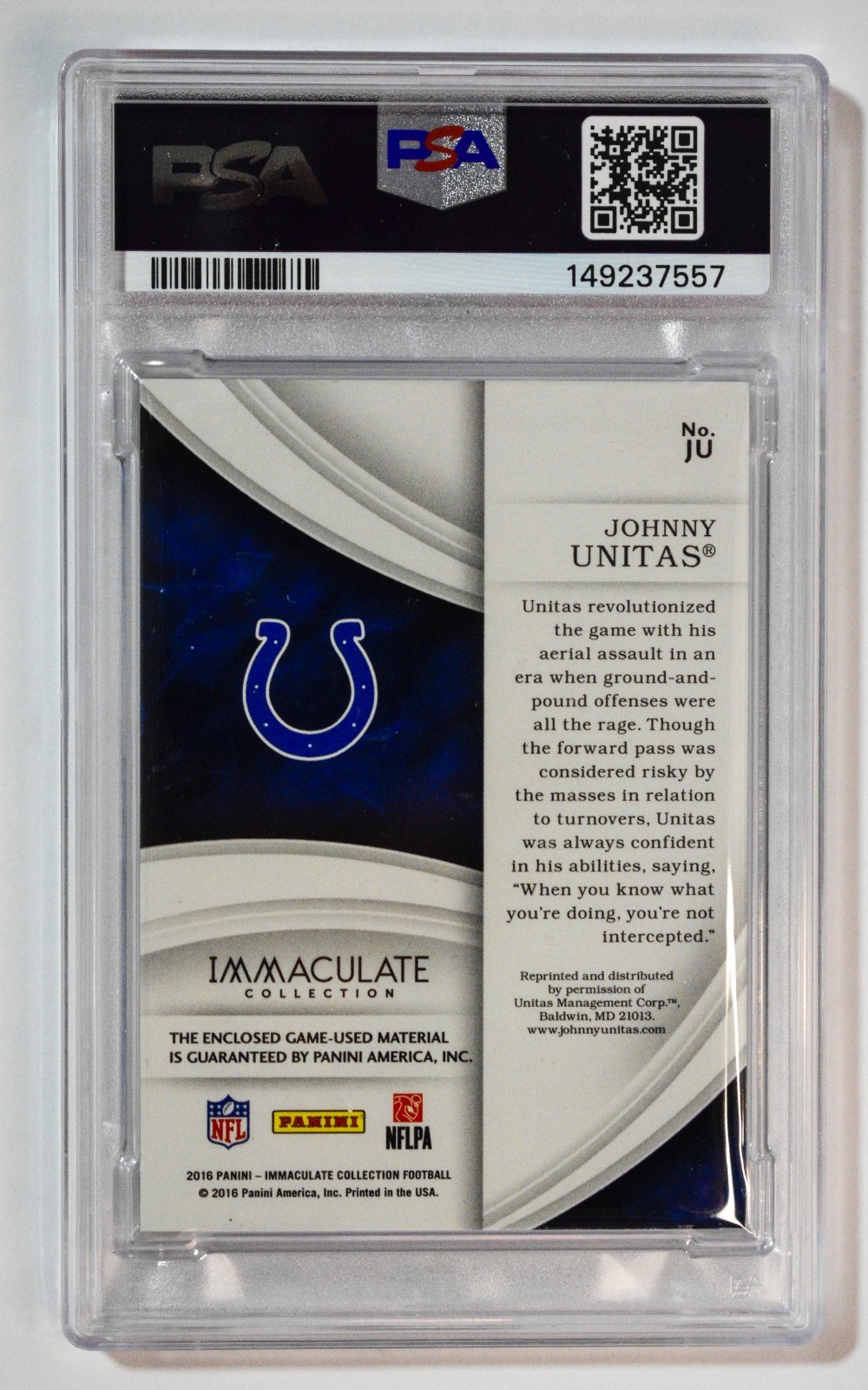 2016 Immaculate #JU Johnny Unitas Numbers Material /19 Game-Used PSA 8 Colts view 2