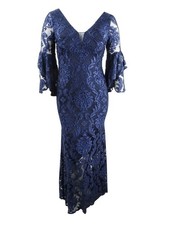 Betsy Adam Women's Embroidered Flutter-Sleeve Gown 4, Navy