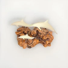 JOHN PERRY DOLPHINS WOOD SCULPTURE FIGURE ON DRIFTWOOD 