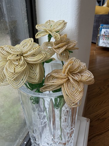 VTG Handmade French Beaded Flower Bouquet Ivory Gold Glass Seed Bead Floral Art