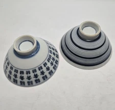 Pair of Japanese White & Blue Porcelain Footed Rice Soup Bowls Fortune Good Luck
