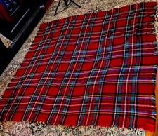 Tartan Plaid Scarf Fringe Trim 56x56  Red Green Vintage Square