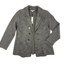 NEW Chicos Fringe Metallic Tweed Blazer Cardigan Jacket 2 Large Silver Gray