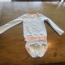 RuffleButts Toddler Girls' Seersucker Long Sleeve 2pc Rash Guard Set - Blue
