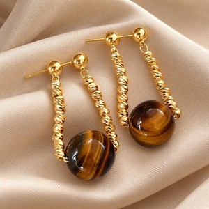 Authentic Tiger Eye Stone Gold Plated Twisted Chain Drop Earrings