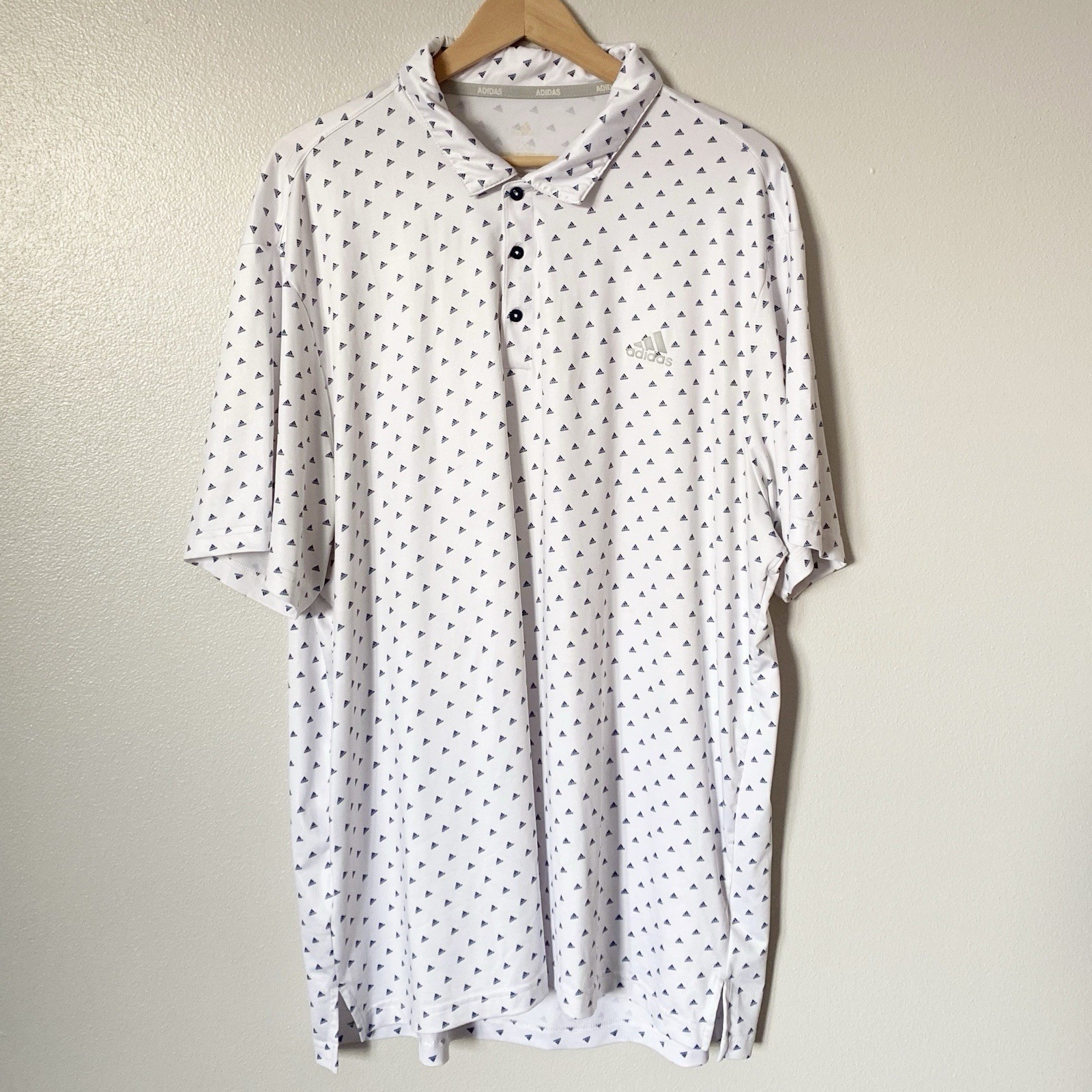 Adidas Golf Shirt Polo Performance All-Over Print Logo White Navy Blue Men’s 2XL thumbnail 2