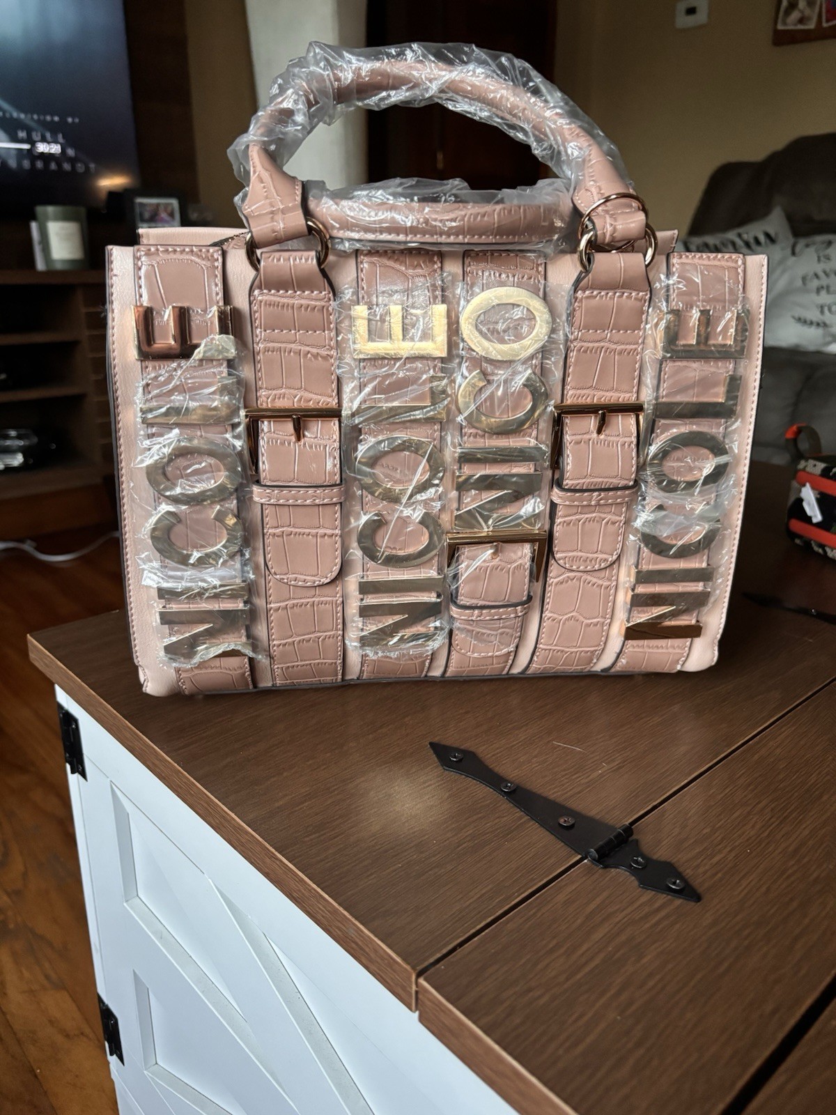 NICOLE Pink Croc-Embossed Satchel Top Handle Bag Zip, Detachable Strap