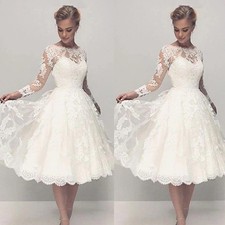 Tea Length A-Line Wedding Dresses Lace Applique Long Sleeves Vintage Bridal Gown