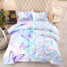 Butterfly Reversible Comforter Set,Rainbow Butterfly Bedding Set for Girls Te...