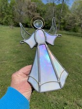 Beautiful 7.5  Iridescent White Stained Glass Leaded Angel W/Halo