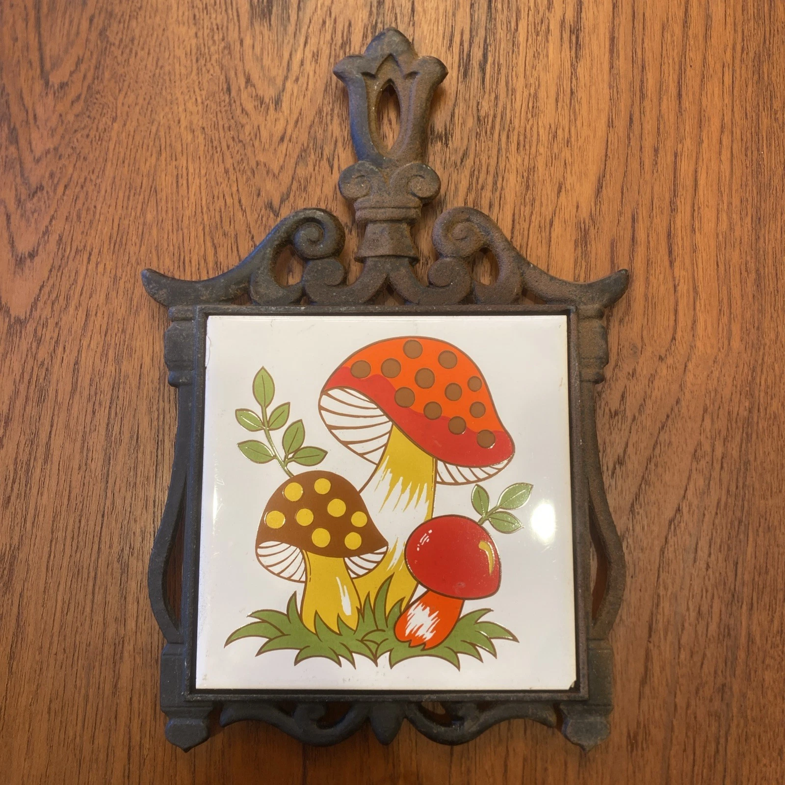 Vintage 1970s Merry Mushroom Tile & Cast Iron Trivet Sears Roebuck Made in Japan - product detail image 1