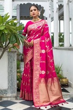 RaniPink Banarasi Silk Saree Golden Zari Wedding Sari with Unstitched Blouse