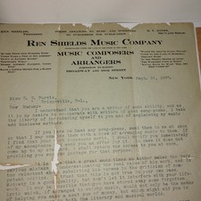Rare group of Music History 1907 Letter From Ren Shields & Handwritten Lyrics