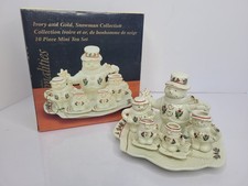 Vtg 10 Piece Mini Tea Set Ivory  Gold Trim Snowman Christmas Baum Brothers