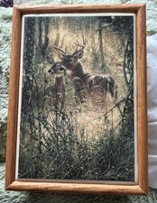 Beautiful Tiled And Wood Trinket Box With Deer On The Top Lined In Red Velvet