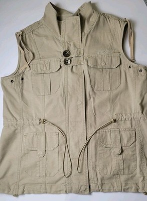 DKNY Active Women's Tan Khaki Vest Safari Fishing Cargo Style Size XL Zips Snaps