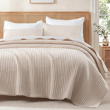 Stripe Quilted King Quilt Bedding Set Beige Lightweight Bedspreads, Soft Micro