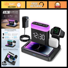 5-in-1 Wireless Charging Station with Alarm Clock & Night Light, Mag-Safe Dock f