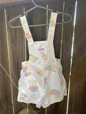 Vintage OshKosh Baby Short Overalls White Pastel Clocks 18 Months Made in USA