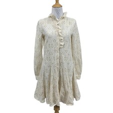 Sezane Dress Womens 34 Cream Marly Eyelet Short Ruffled Button Up Lined Mini