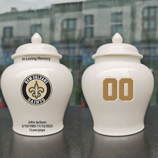 Ceramic Medium Urn   New Orleans Saints Football Theme, Custom Text  Number