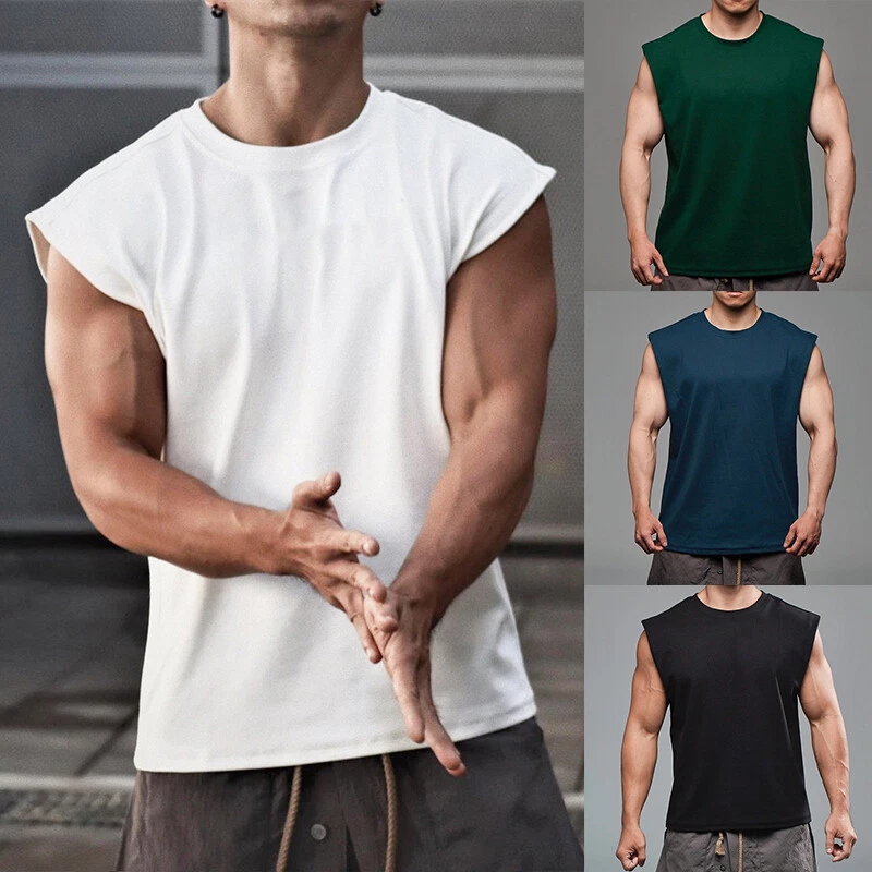 Men's Wide Shoulder Crop Top Casual Loose Tank Top Workout Sleeveless  T-shirts