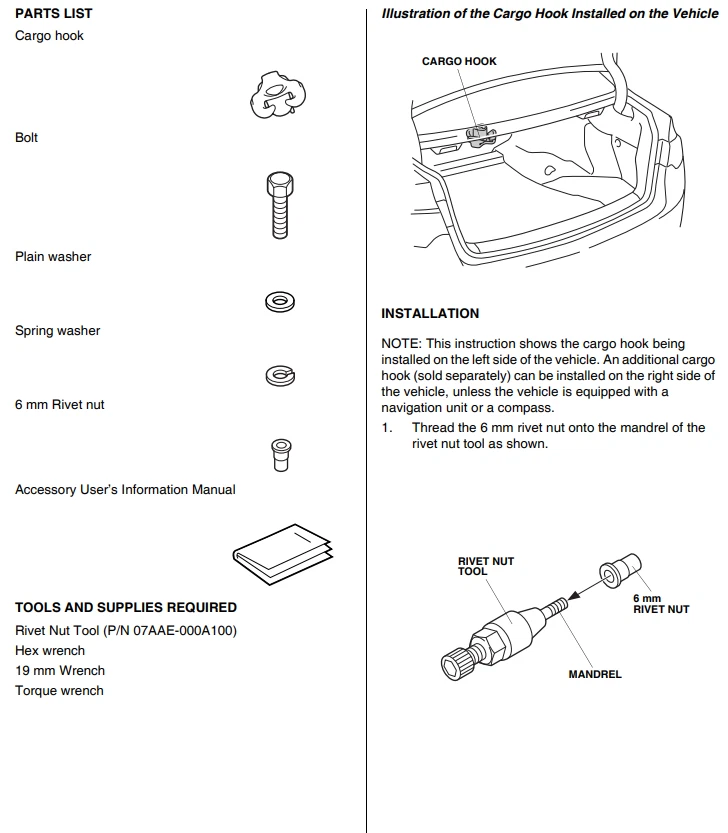 Крючок багажника для Honda Accord 08-26 Civic 10-26 Acura ILX 13-22 TLX 15-25 - Изображение 3 из 4