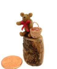 DOLLHOUSE MINIATURE TEDDY BEAR SITTING ON A LOG