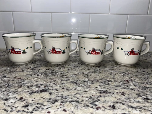Pfaltzgraff Stoneware Snow Village Christmas Coffee Tea Cup Mugs Set of Four