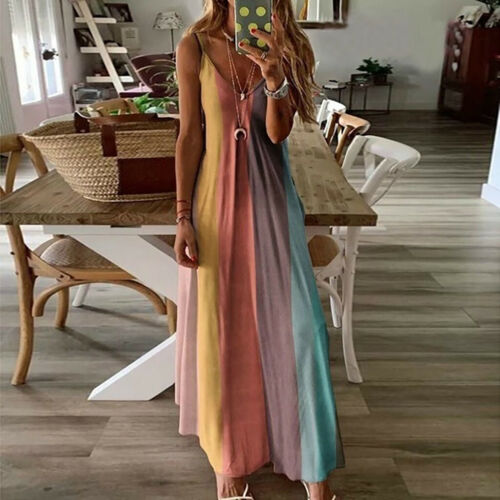 Women Boho Strappy V Neck Maxi Dress Summer Beach Holiday Casual Long Sundress - Picture 15 of 22