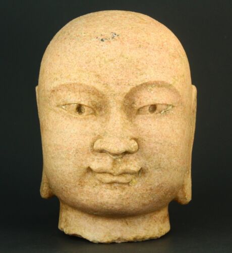 ! Antique FINE Chinese Carved Pink Granite Stone Head of Buddha 9" - Picture 1 of 12