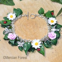 Summer Flowers Daisy And Pink Rose Bracelet - Handmade Clay, Pagan Jewellery Summer Flowers Daisy And Pink Rose Bracelet - Handmade Clay, Pagan Jewellery
