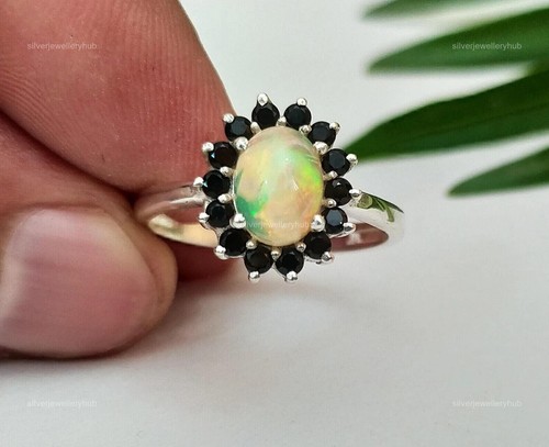 Bague En Argent Massif Avec Orthoceras Fossile Et Opale De Feu Naturelle - Taille 53, Neuf