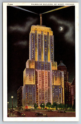 Vintage Postcard IL Chicago Palmolive Bldg Night View Old Cars ~8739