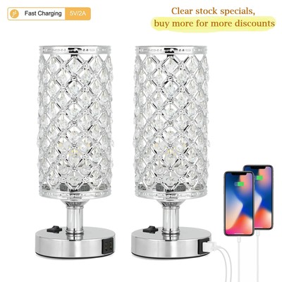 Set of 2 USB Crystal Table Lamps Elegant Bedroom Nightstand Lamp for Home Decor