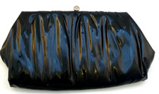 Vintage Black Patent Ruched Leather Purse Hideaway Chain Handle Envelope 13"