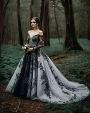 Black And Gray Wedding Dress Off Shoulder Long Sleeves A-Line Vintage Gothic